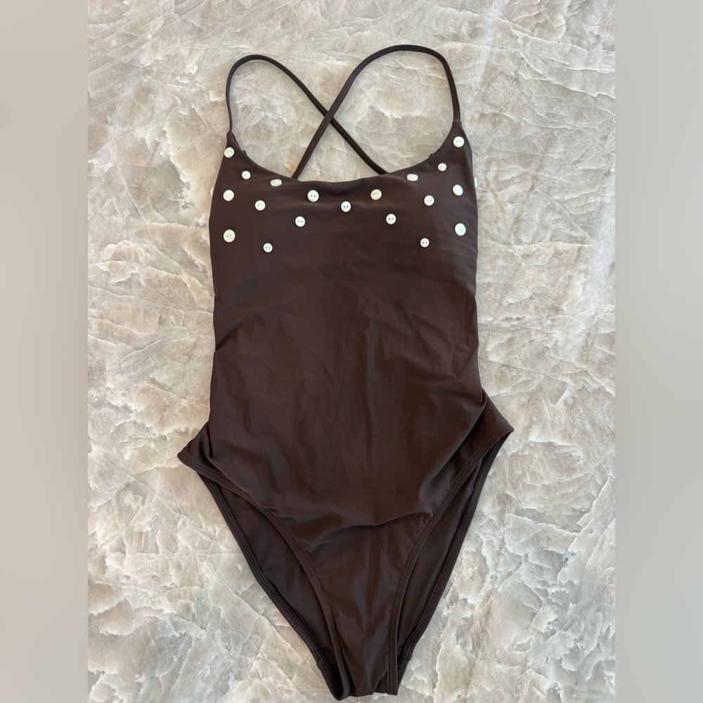 NWT J. Crew Button-trim scoopback one-piece swimsuit - size 6  - brown - Picture 4 of 12